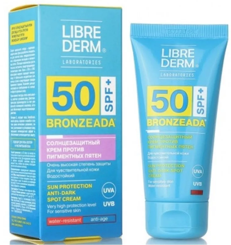 фото упаковки Librederm Bronzeada Крем для лица и зоны декольте солнцезащитный против пигментных пятен SPF50