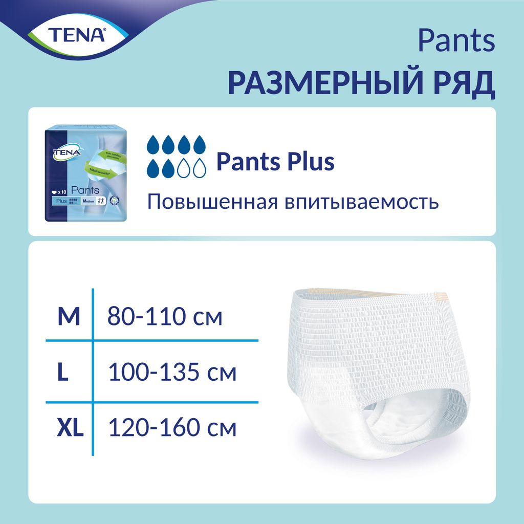 Подгузники-трусы для взрослых Tena Pants Plus, Large L (3), 100-135 см, 10 шт.